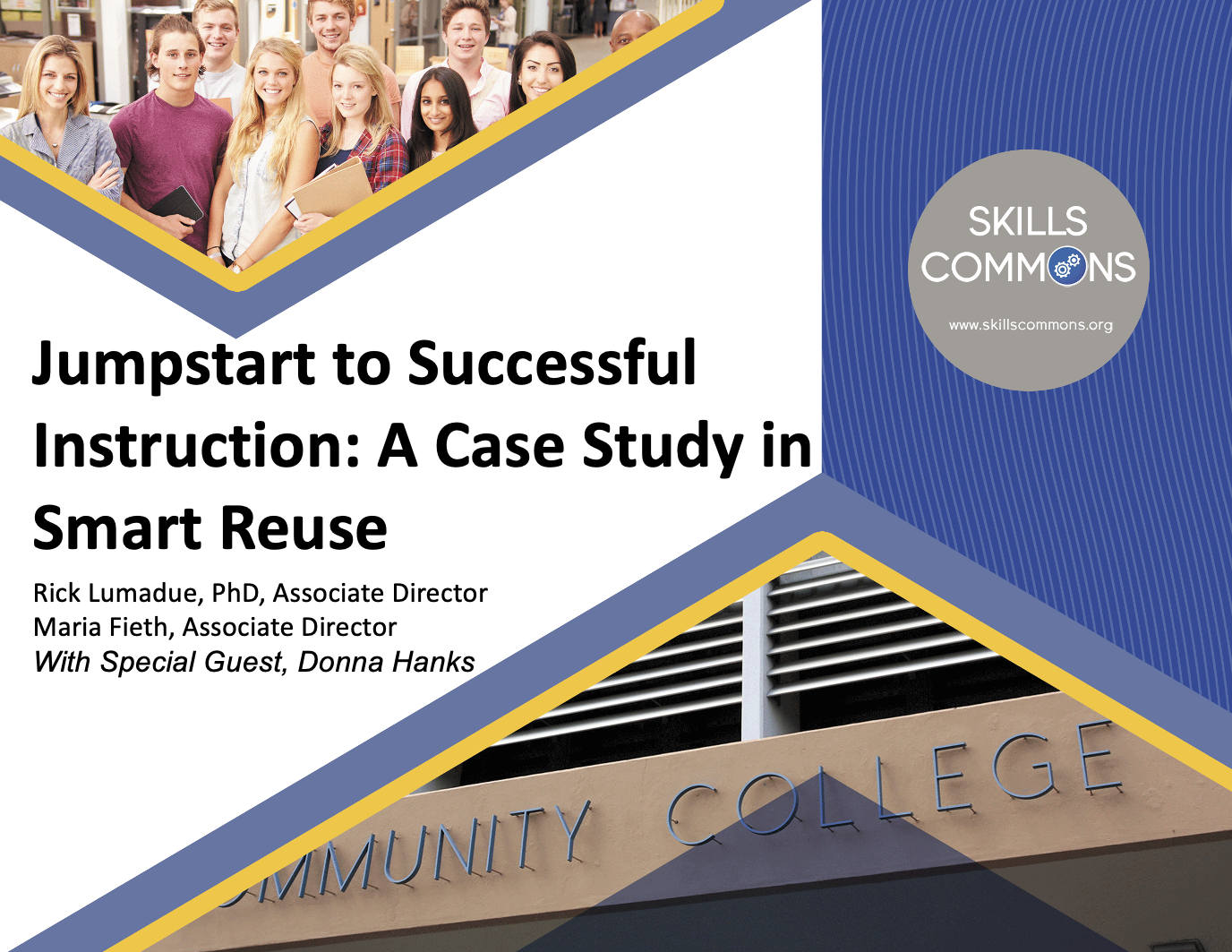 Jumpstart to Successful Instruction: A Case Study in Smart Reuse Rick Lumadue, PhD, Associate Director Maria Fieth, Associate Director With Special Guest, Donna Hanks